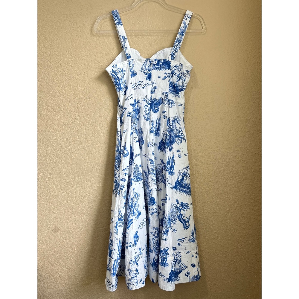 Avec Les Filles Blue White Mermaid Toile Nautical Midi Dress Size 4 sweetheart - Picture 2 of 11